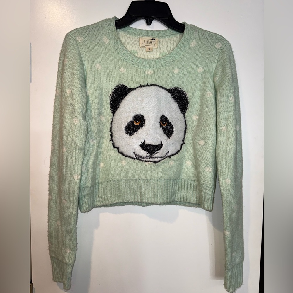 La Hearts Light Green Panda Face Crop Sweater